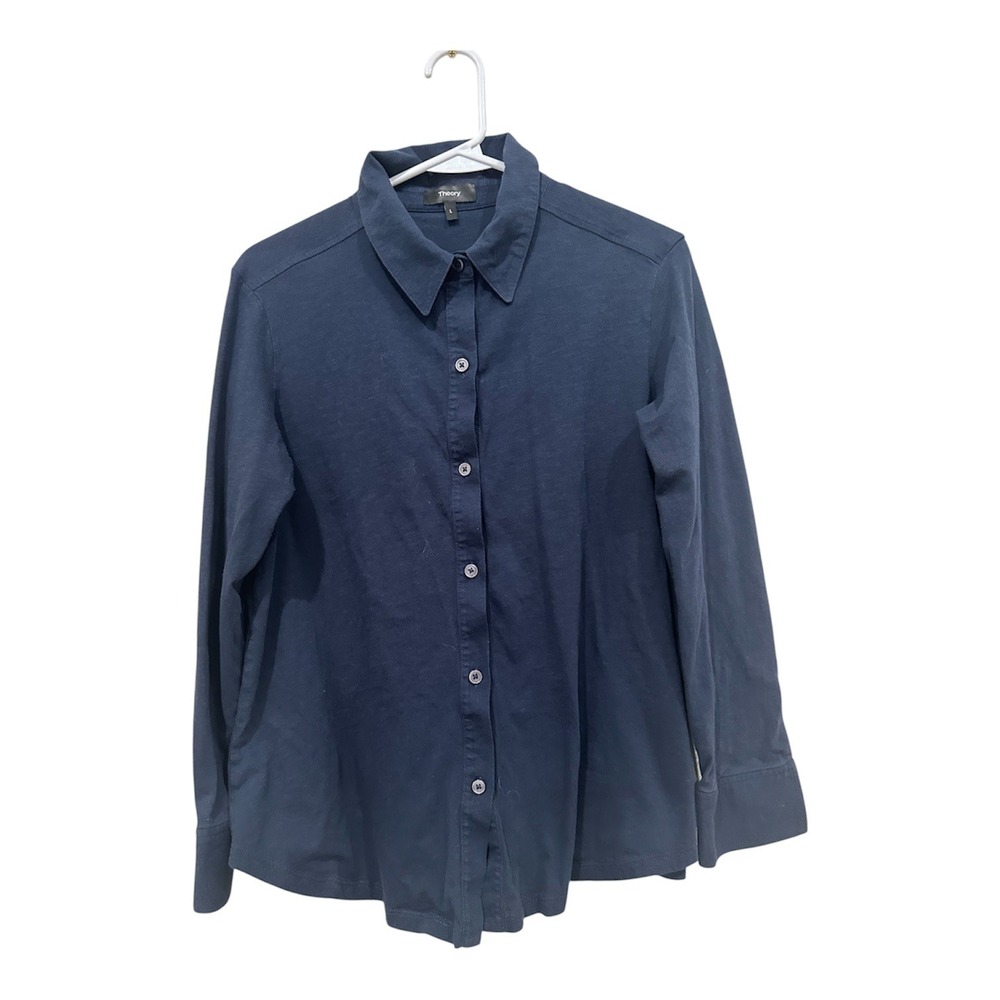 Theory Riduro R Sea Slub 2 Navy Blue‎ Cotton Button Down Shirt Womens Large